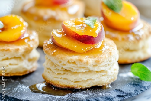 fluffy biscuits topped with a dollop of peach jelly, with fresh peach slices and a drizzle of honey, placed on a stone plate photo