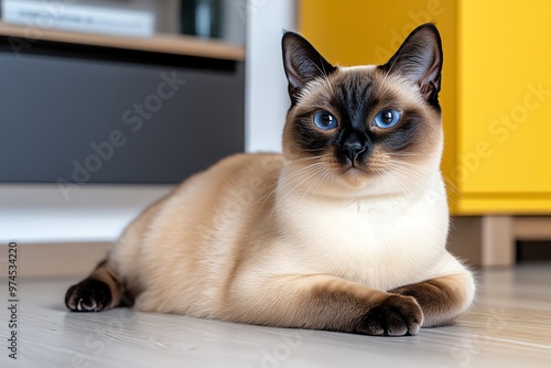 A Siamese cat lounging in a minimalist home, its sleek, elegant form complementing the modern decor