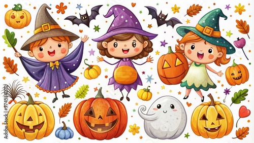 Colorful and playful illustrations of witches, ghosts, bats, and pumpkins adorn a blank background, evoking a sense of whimsical and carefree Halloween spirit.