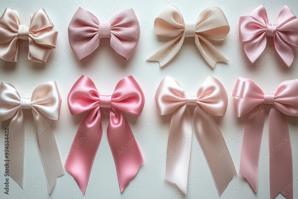 delicate pink satin ribbon bows arranged on pristine white background various styles showcase elegant giftwrapping and decorative possibilities delicate pink satin ribbon bows arranged on pristine white background various styles showcase elegant giftwrapping and decorative possibilities