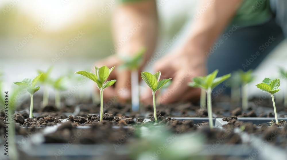 Nurturing New Growth, a person tending to young seedlings in rich soil, surrounded by vibrant green leaves, symbolizing the care needed for future harvests. Nurturing New Growth, a person tending to young seedlings in rich soil, surrounded by vibrant green leaves, symbolizing the care needed for future harvests.