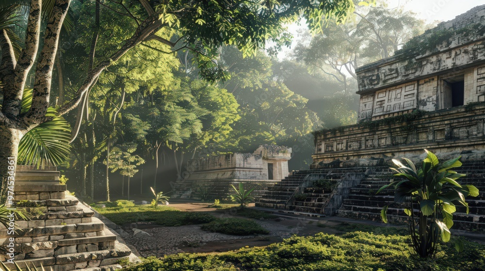 The ruins of Chichen Itza with the surrounding tropical jungle, highlighting the integration of ancient architecture with nature