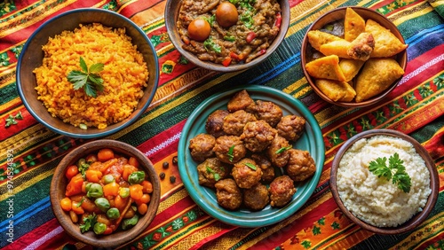 Colorful arrangement of traditional Senegalese dishes, including fragrant thieboudienne rice, tender mafe beef stew, and crispy fried akara fritters, on a vibrant African-print cloth.