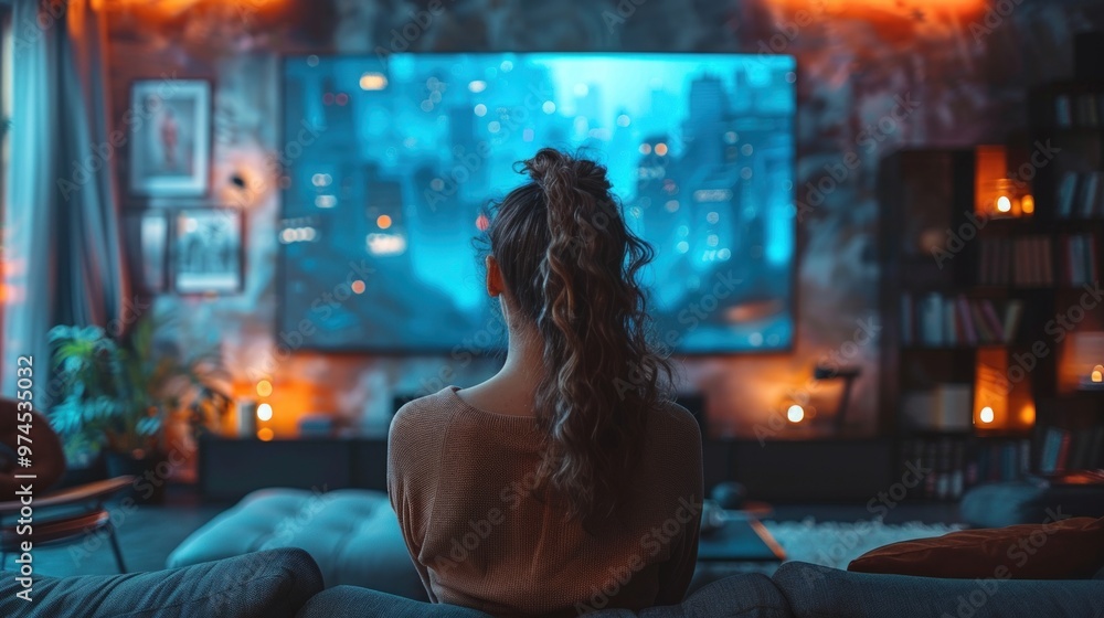 Woman watching TV in a cozy living room with colorful lighting. Woman watching TV in a cozy living room with colorful lighting.