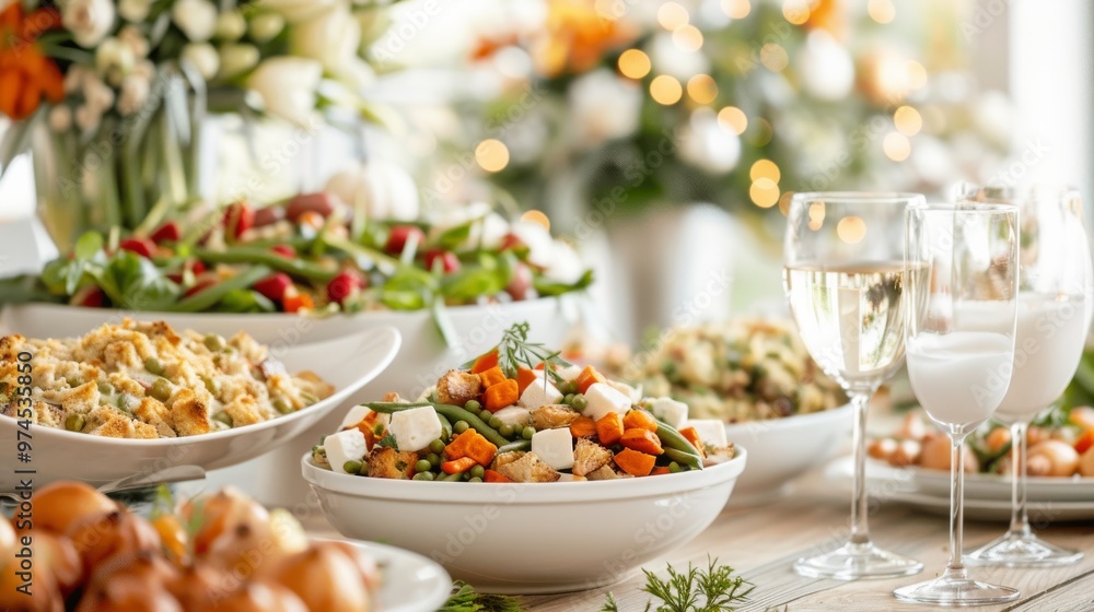 Elegant festive spread, vibrant salads, creamy side dishes, sparkling glasses, fresh flowers in a bright setting, perfect for gatherings and special celebrations. Elegant festive spread, vibrant salads, creamy side dishes, sparkling glasses, fresh flowers in a bright setting, perfect for gatherings and special celebrations.