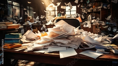 disarray pile of papers on desk photo