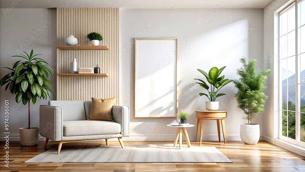 Naklejka premium Contemporary empty home interior, wall mockup, 3d render, white Mock-up frame