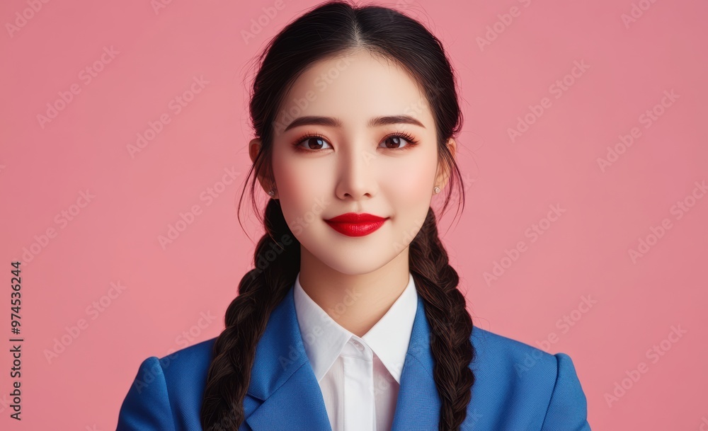 young Japanese woman in business attire stands with confidence against a pastel pink background, her posture and expression emphasizing a balance of professionalism. young Japanese woman in business attire stands with confidence against a pastel pink background, her posture and expression emphasizing a balance of professionalism.