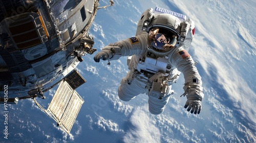 An astronaut performing a spacewalk near a satellite, representing the use of advanced space technology for exploration.