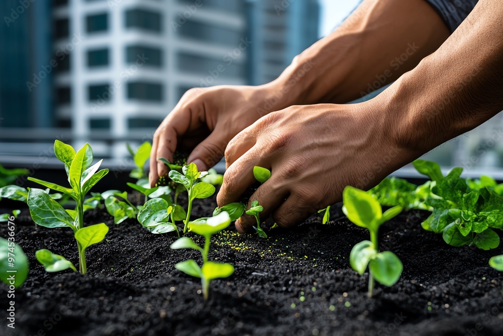 A close-up of hands planting seeds in an urban garden bed, surrounded by city buildings A close-up of hands planting seeds in an urban garden bed, surrounded by city buildings