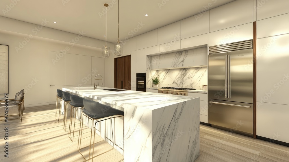 Fototapeta premium Contemporary kitchen design featuring a marble island, minimalist cabinetry, and stainless steel appliances