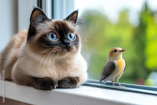 A curious Tonkinese cat perched on a windowsill, watching birds outside with its vivid, sparkling eyes photo