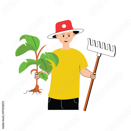 A joyful farmer holding a plant and a rake, happy farmer illustration