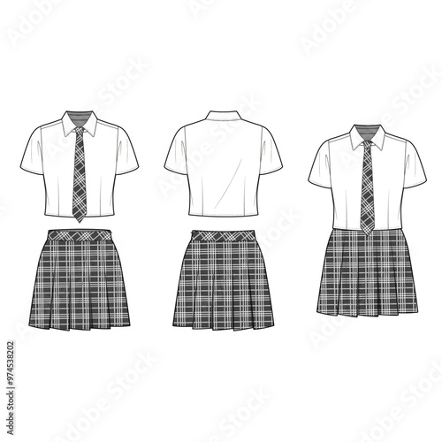 Technical flat sketch of a girl's school uniform design template. A white collared crop shirt with short sleeves and button-down front, paired with a pleated mini skirt and plaid check necktie.
