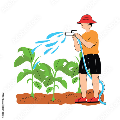 A farmer using a hose to water crops in the field