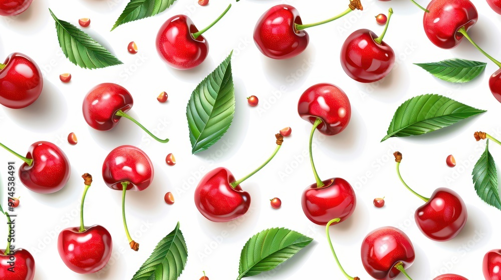 Seamless pattern of glossy cherries on a white background. Vibrant and fresh fruit design with a realistic texture. Seamless pattern of glossy cherries on a white background. Vibrant and fresh fruit design with a realistic texture.