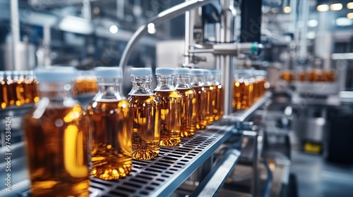 Bottles filled with amber liquid moving along a production line in a modern manufacturing facility during daylight hours