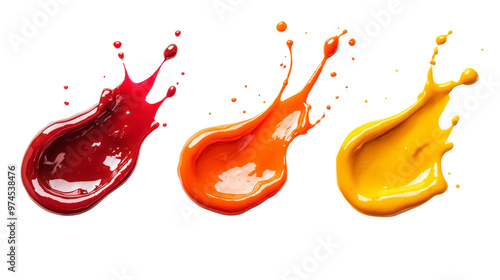 A vibrant set of ketchup and mustard splashes, illustrating dynamic motion and shapes, making it perfect for food-related concepts.