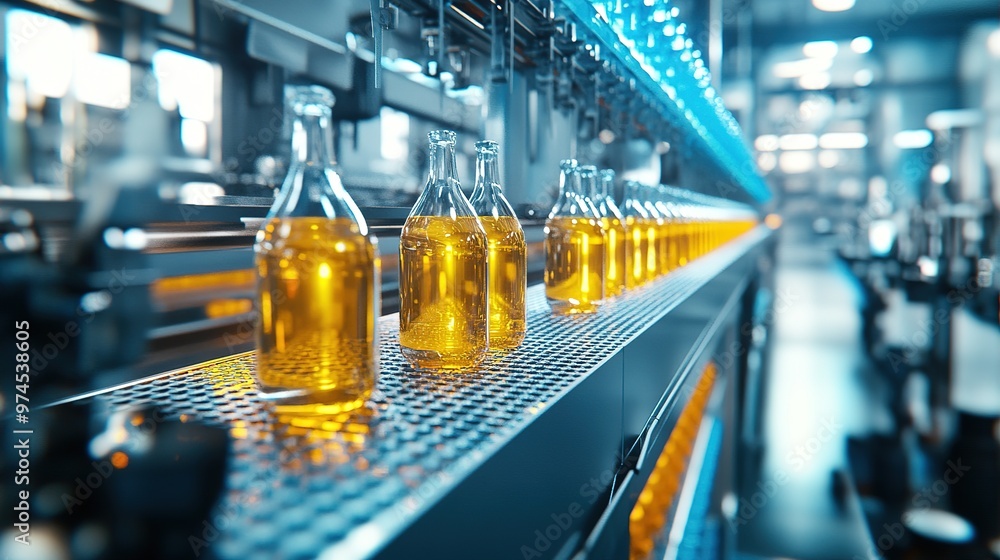 Bottles filled with amber liquid moving along a production line in a modern manufacturing facility during daylight hours Bottles filled with amber liquid moving along a production line in a modern manufacturing facility during daylight hours