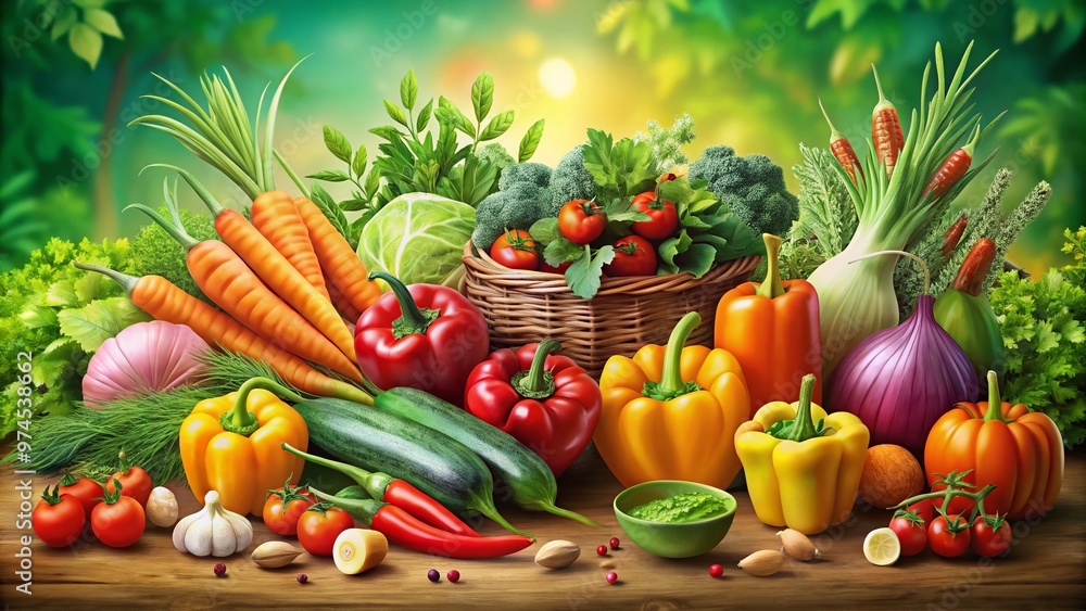 Colorful illustration of a lush garden overflowing with vibrant, assorted vegetables, including carrots, peppers, tomatoes, cucumbers, and more, set against a bright green background. Colorful illustration of a lush garden overflowing with vibrant, assorted vegetables, including carrots, peppers, tomatoes, cucumbers, and more, set against a bright green background.