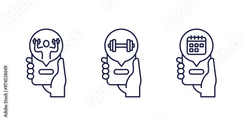 online fitness training line icons with phone in hand