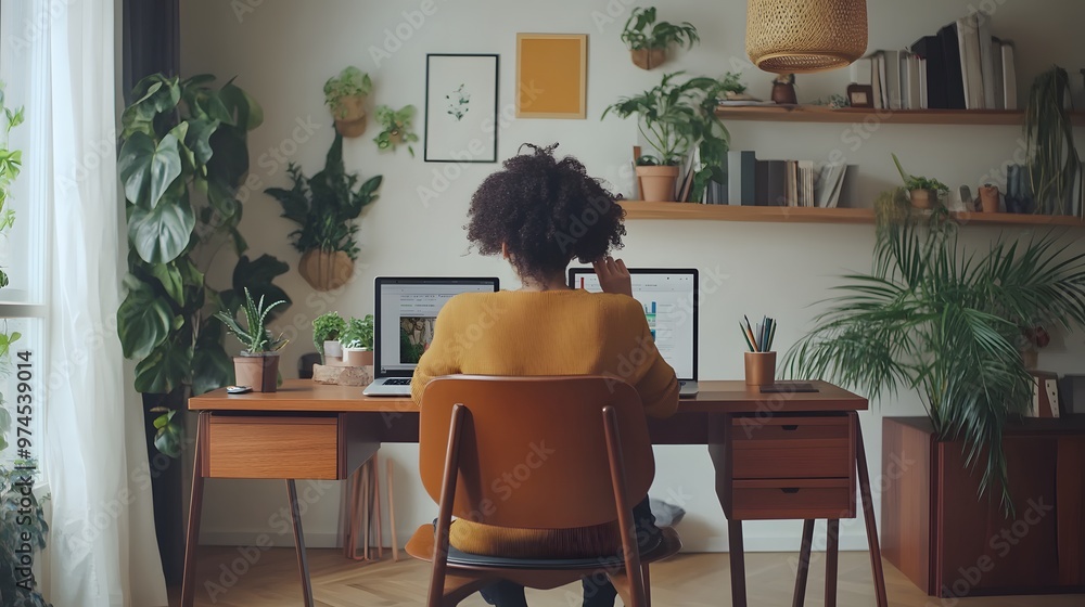 Woman Working at a Desk with Two Laptops in a Home Office Woman Working at a Desk with Two Laptops in a Home Office