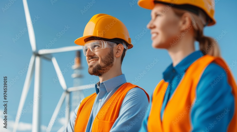 Smiling Engineers Wearing Safety Hard Hats and Safety Vests Standing in Front of Wind Turbines Smiling Engineers Wearing Safety Hard Hats and Safety Vests Standing in Front of Wind Turbines
