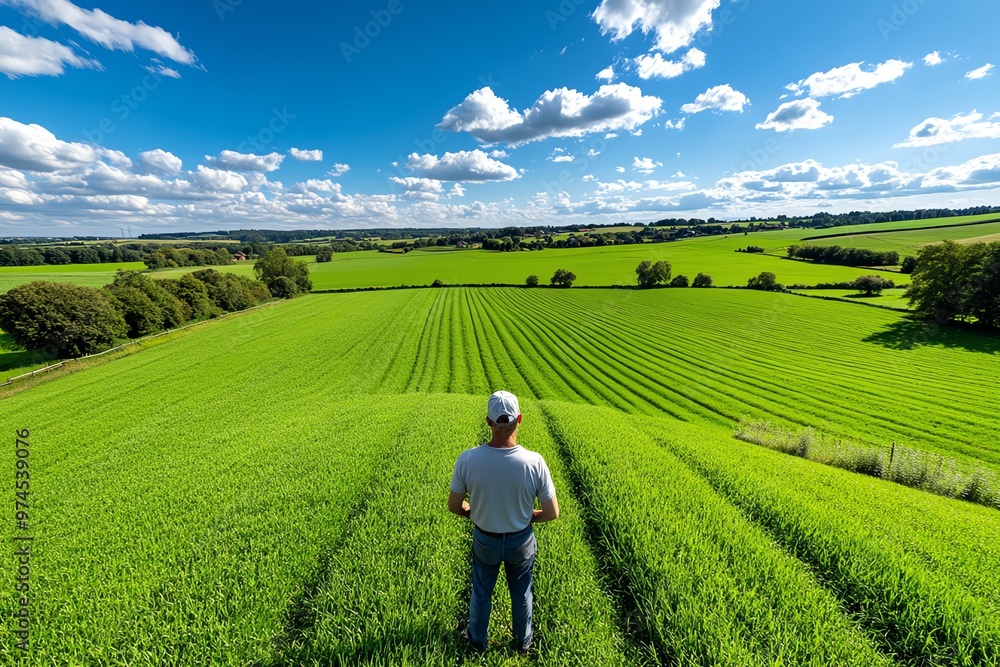 A farmer tending to livestock in a large, grassy pasture on his rural farm A farmer tending to livestock in a large, grassy pasture on his rural farm