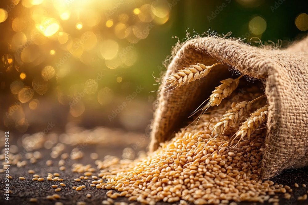 Close-up of a burlap sack spilling golden wheat grains, with a soft, blurred background creating a warm, natural ambiance. Close-up of a burlap sack spilling golden wheat grains, with a soft, blurred background creating a warm, natural ambiance.