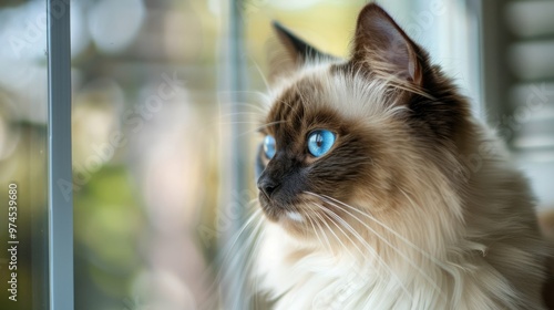 Portrait of beautiful ragdoll cat with blue eyes and blurred background