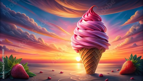 Colorful illustration tutorial shows step-by-step guide on drawing a realistic strawberry ice cream cone with vibrant pink sunset background and detailed swirls and texture. photo