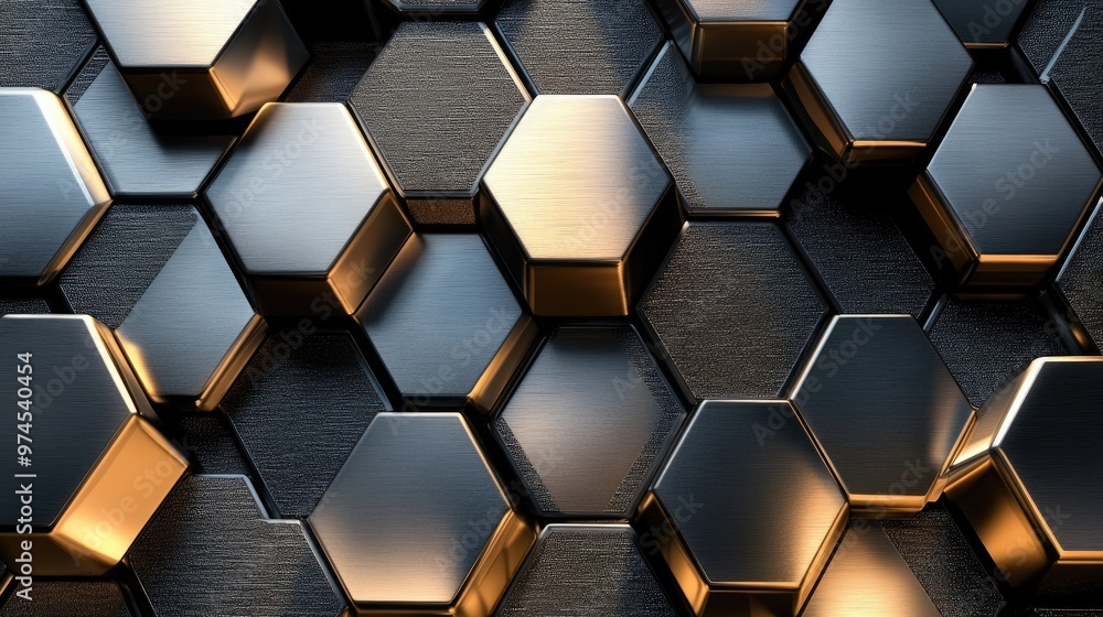 Hexagonal geometric pattern with metallic texture, reflecting light in different directions, creating depth Hexagonal geometric pattern with metallic texture, reflecting light in different directions, creating depth