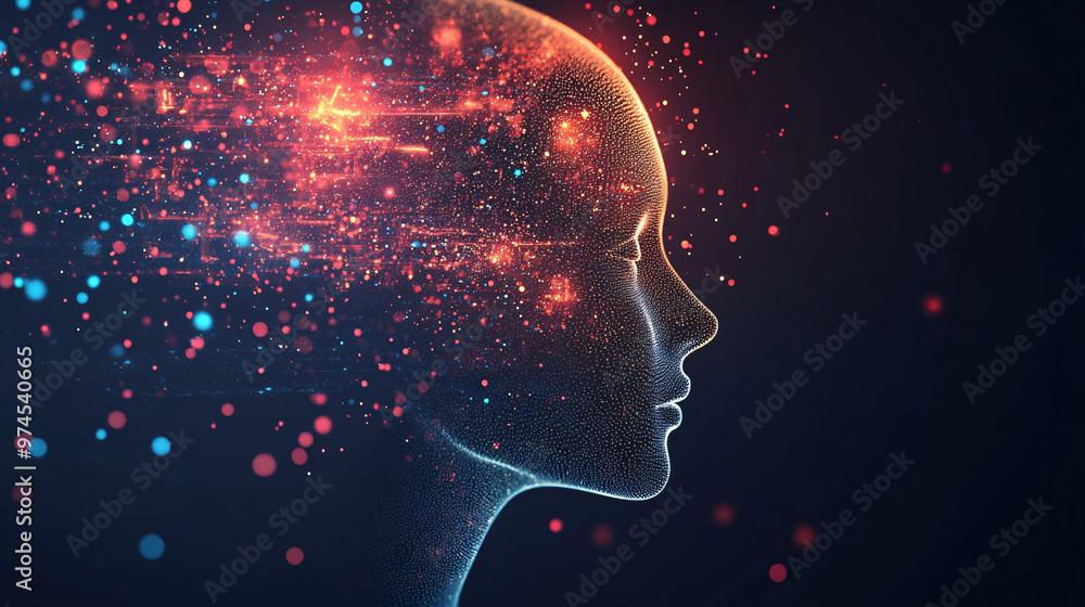 Fototapeta premium Illuminated 3d head with dots, lines, bright lights, and particles