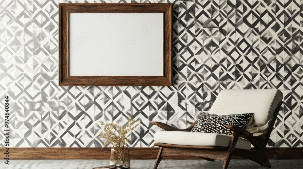 Large wooden picture frame hung on a wall with geometric wallpaper, modern interior design concept Large wooden picture frame hung on a wall with geometric wallpaper, modern interior design concept