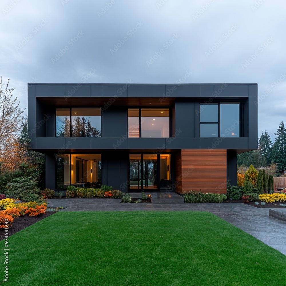Modern architectural design of a sleek black house surrounded by lush greenery and colorful landscaping under a cloudy sky. Modern architectural design of a sleek black house surrounded by lush greenery and colorful landscaping under a cloudy sky.