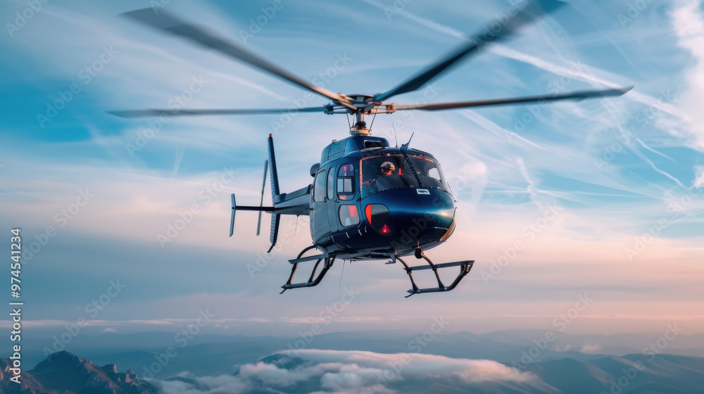 A helicopter hovers above rugged mountains at dawn, silhouetted against a colorful sky filled with wispy clouds. A helicopter hovers above rugged mountains at dawn, silhouetted against a colorful sky filled with wispy clouds.