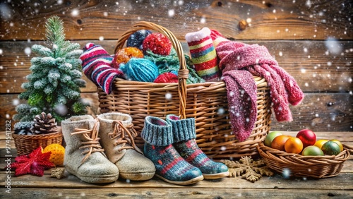 Colorful snow-covered boots, gloves, and scarves overflowing from a woven basket on a wooden table, surrounded by snowflakes and festive winter decorations. photo