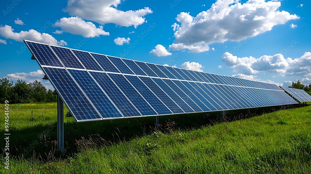 Solar Panels in a Green Field Against a Blue Sky with White Clouds. Solar Panels in a Green Field Against a Blue Sky with White Clouds.