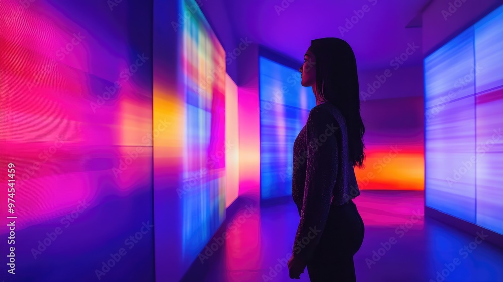 Modern art installation with interactive elements, vibrant lights, and a unique spatial experience Modern art installation with interactive elements, vibrant lights, and a unique spatial experience
