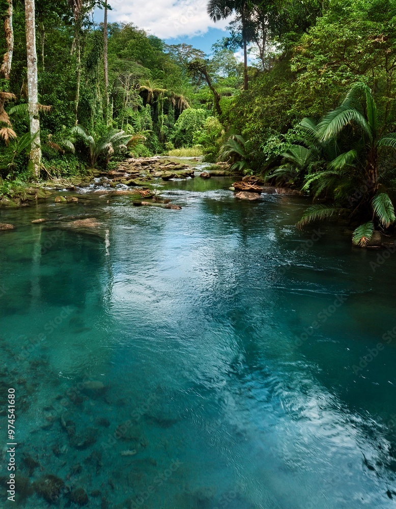 Naklejka premium Crystal-Clear River Flowing through a Verdant Rainforest with Exotic Wildlife