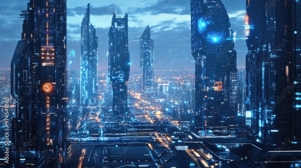 Fototapeta premium Modern digital city concept with holographic displays, smart buildings, and interconnected technology systems