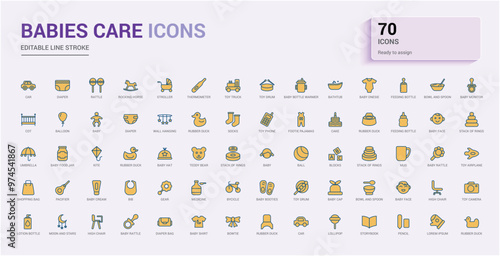 Babies care colorful icons set. Line editable icons pack. Outline icon for web and ui. Vector illustration. Icon names are written in English.