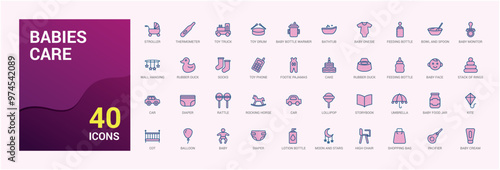 Babies care colorful icons set. Line editable icons pack. Outline icon for web and ui. Vector illustration. Icon names are written in English.