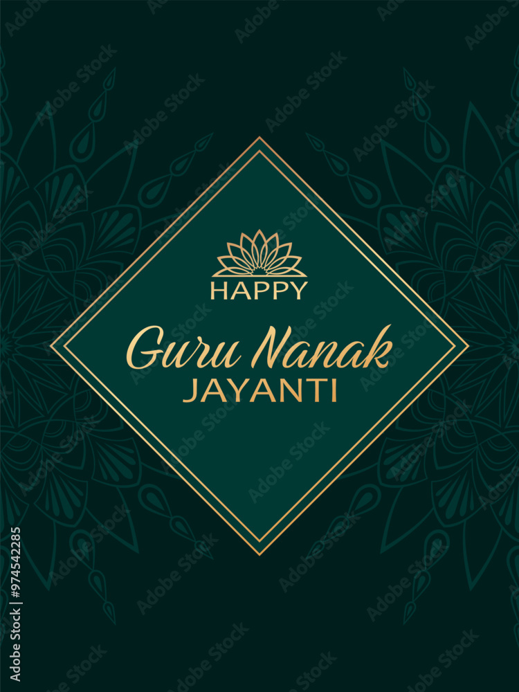 Golden text Happy Guru Nanak Jayanti on green background with golden frame and floral mandala decorations. Elegant festive design for greeting card or poster for Guru Nanak Jayanti. Golden text Happy Guru Nanak Jayanti on green background with golden frame and floral mandala decorations. Elegant festive design for greeting card or poster for Guru Nanak Jayanti.