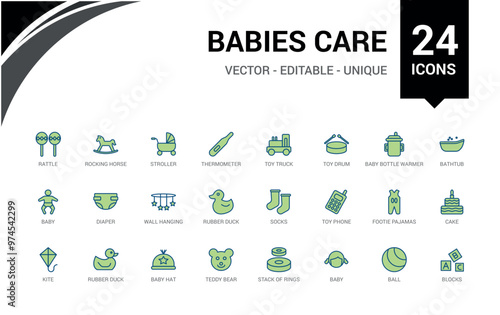 Babies care colorful icons set. Line editable icons pack. Outline icon for web and ui. Vector illustration. Icon names are written in English.