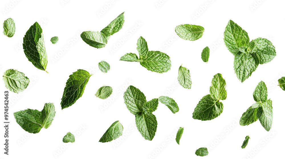 Multiple fresh green mint leaves floating against a transparent background, showcasing vibrant color and texture for culinary or herbal use. Multiple fresh green mint leaves floating against a transparent background, showcasing vibrant color and texture for culinary or herbal use.