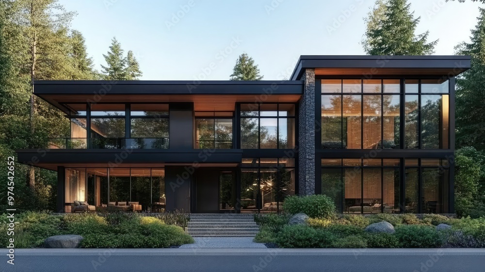 Modern home facade with large glass windows, clean lines, and natural materials like wood and stone Modern home facade with large glass windows, clean lines, and natural materials like wood and stone
