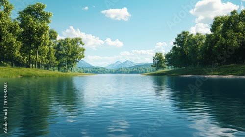 A serene lake view surrounded by lush greenery and majestic mountains under a bright blue sky with fluffy clouds.