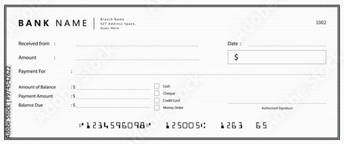 Empty money cheque. Bank check. check book template with pattern and blank fields. Currency payment coupon, US dollar check background