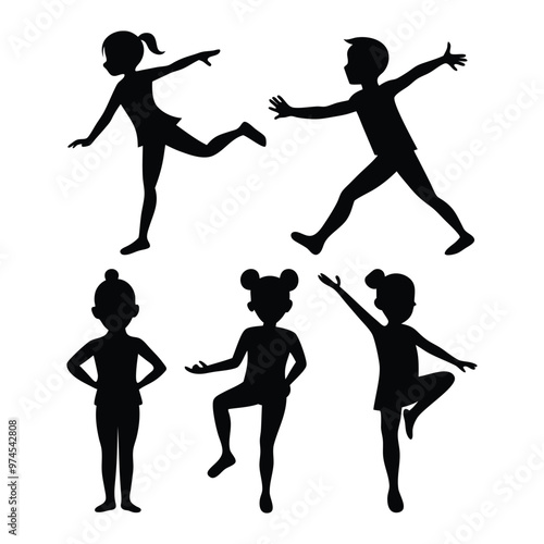 Kids gymnast silhouette pose, child exercise icons like dance, kid workout silhouettes.